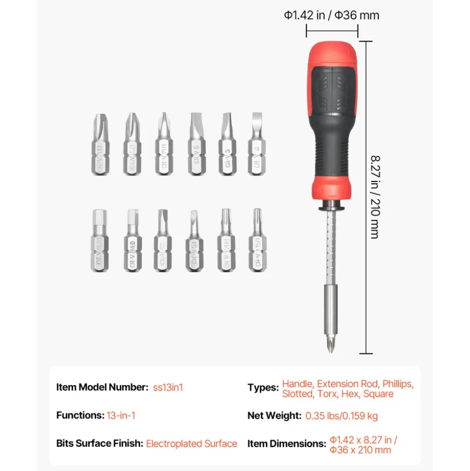 VEVOR Screwdriver Set, 13 in 1 Magnetic Multi Bit Mini Nut Driver Set, Phillips, Flat Head, Torx, Square Bits for Men, Manual Precision Repair Tool Kit for Sockets, Furniture, Home Appliances, Cars