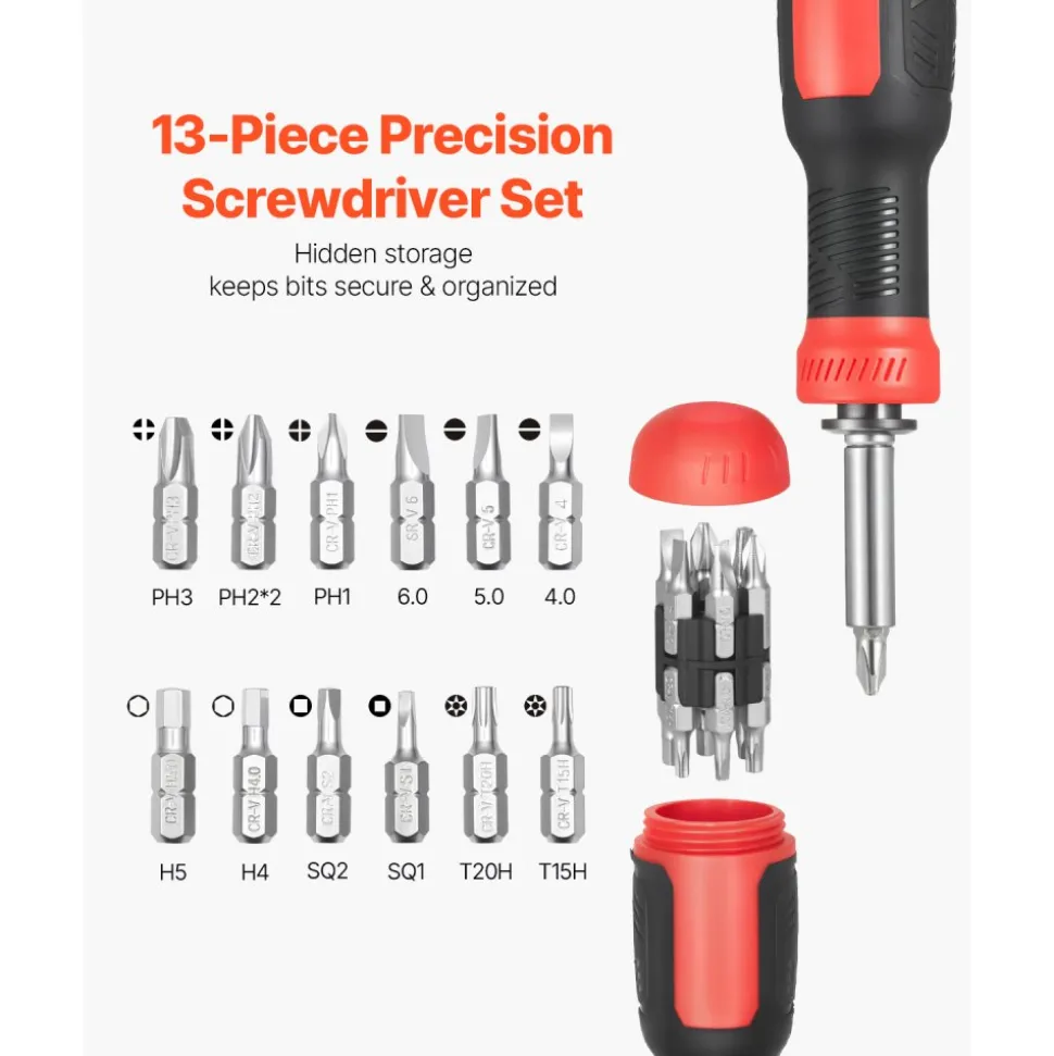 VEVOR Screwdriver Set, 13 in 1 Magnetic Multi Bit Mini Nut Driver Set, Phillips, Flat Head, Torx, Square Bits for Men, Manual Precision Repair Tool Kit for Sockets, Furniture, Home Appliances, Cars