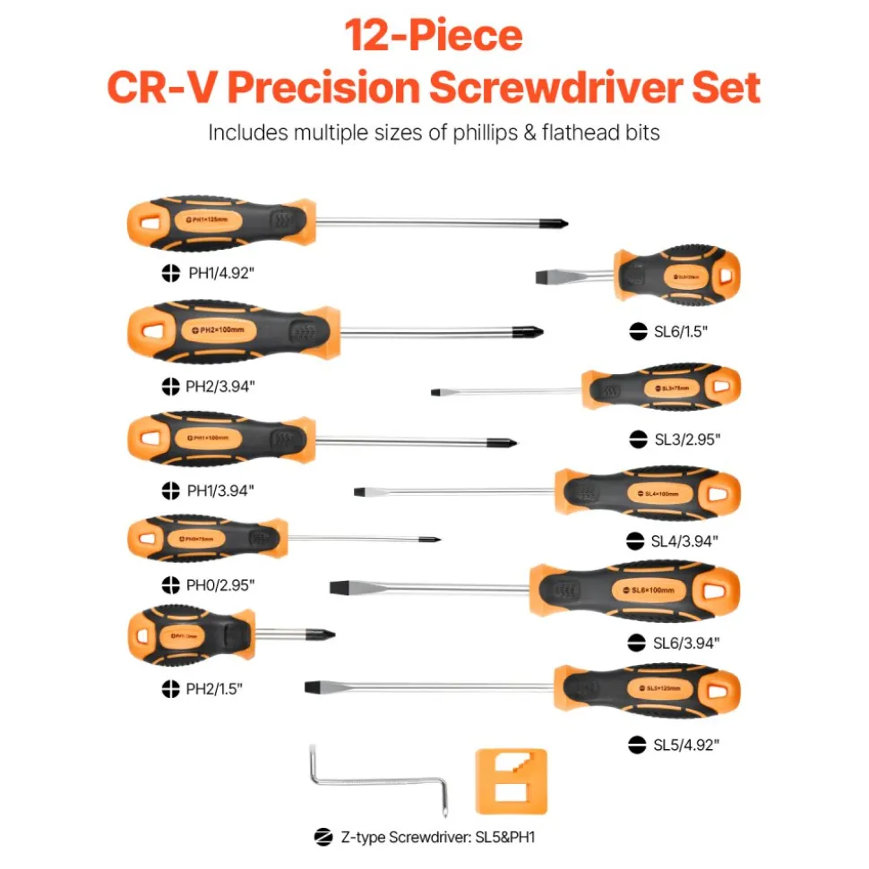 VEVOR Screwdriver Set, 12-Piece Hand Tools Set with Magnetic Tips, Includes 5 Phillips and 5 Flat Head Bits, Z-Type Bit, Professional Repair Tool Kit for Sockets, Furniture, Home Appliances, Bicycles