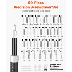 VEVOR Screwdriver Set, 59-Piece Small Precision Screwdriver Set with Phillips, Flat Head, Torx, Pentalobe Bits, Tweezer for Men, Mini Cleaning Repair Tool Kit for iPhone, MacBook, Laptop, Computer