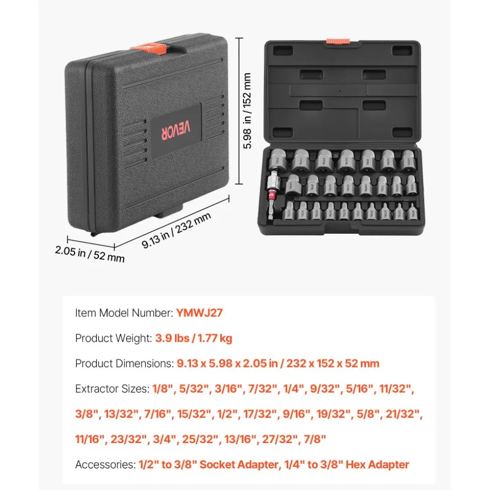 VEVOR Screw Extractor Set, 27 Pieces Hex Head Multi-Spline Easy Out Bolt Extractor Tool, with Adapters, Solid Storage Case, Cr-Mo Steel Stripped Bolt Remover for Removing Rounded, Broken Bolts, Screws