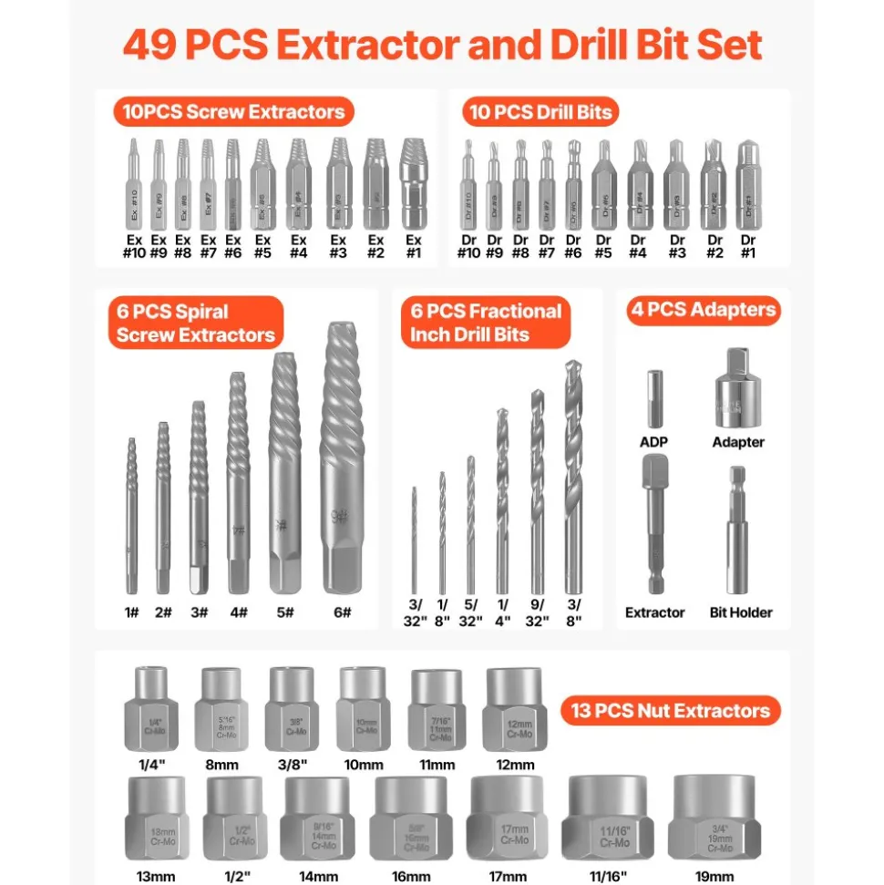 VEVOR Screw Extractor Set with Drill Bits, 49 Pieces, Easy Out Nut Bolt Extractors and Drill Bits, with Adapters, Solid Storage Case, Cr-Mo Steel for Removing Rounded, Broken, or Stripped Fasteners