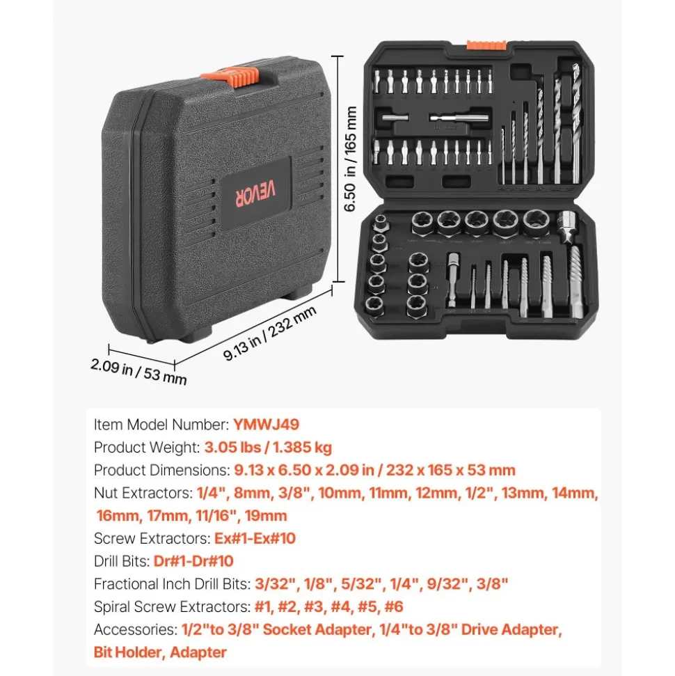 VEVOR Screw Extractor Set with Drill Bits, 49 Pieces, Easy Out Nut Bolt Extractors and Drill Bits, with Adapters, Solid Storage Case, Cr-Mo Steel for Removing Rounded, Broken, or Stripped Fasteners