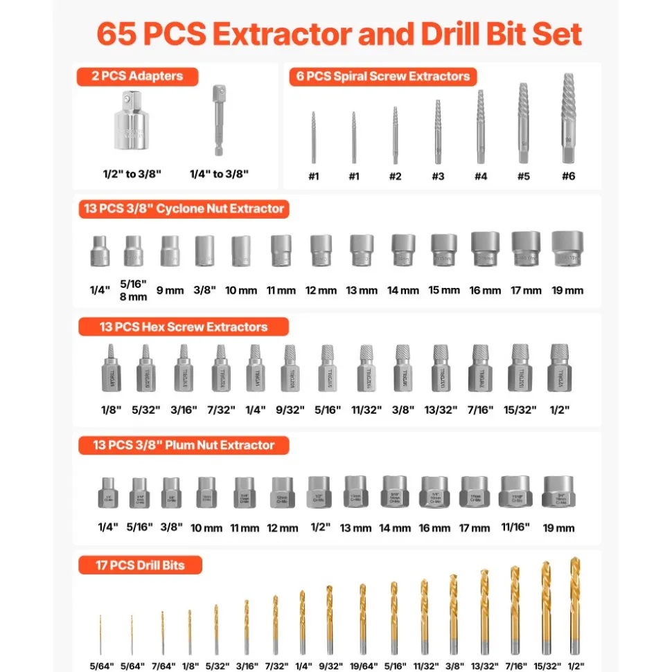 VEVOR Screw Extractor Set with Drill Bits, 65 Pieces, Easy Out Nut Bolt Extractors and Drill Bits, with Adapters, Solid Storage Case, Cr-Mo Steel for Removing Rounded, Broken, or Stripped Fasteners