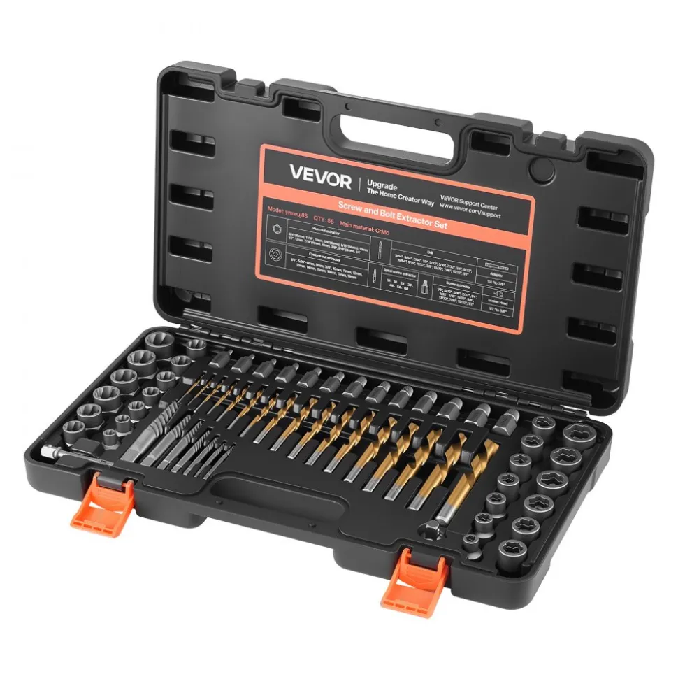 VEVOR Screw Extractor Set with Drill Bits, 65 Pieces, Easy Out Nut Bolt Extractors and Drill Bits, with Adapters, Solid Storage Case, Cr-Mo Steel for Removing Rounded, Broken, or Stripped Fasteners