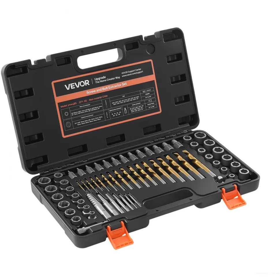 VEVOR Screw Extractor Set with Drill Bits, 65 Pieces, Easy Out Nut Bolt Extractors and Drill Bits, with Adapters, Solid Storage Case, Cr-Mo Steel for Removing Rounded, Broken, or Stripped Fasteners