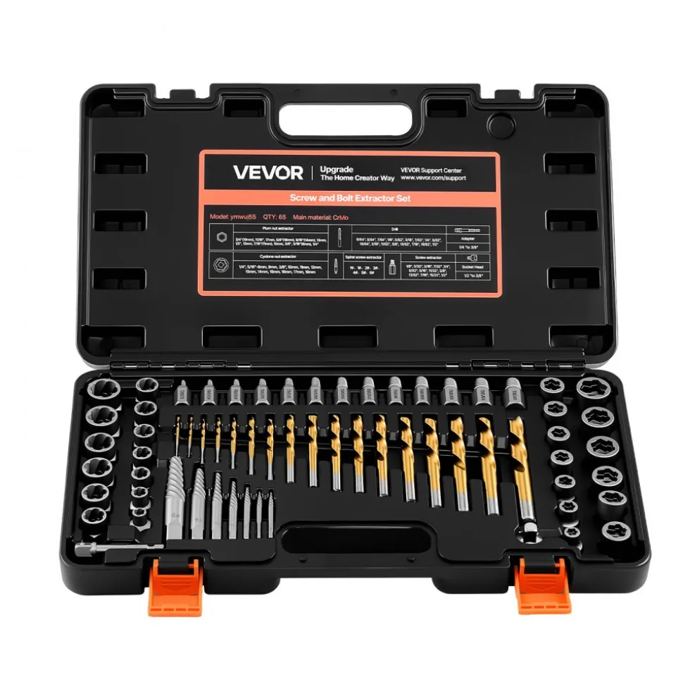 VEVOR Screw Extractor Set with Drill Bits, 65 Pieces, Easy Out Nut Bolt Extractors and Drill Bits, with Adapters, Solid Storage Case, Cr-Mo Steel for Removing Rounded, Broken, or Stripped Fasteners