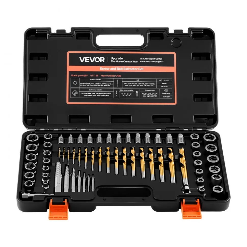 VEVOR Screw Extractor Set with Drill Bits, 65 Pieces, Easy Out Nut Bolt Extractors and Drill Bits, with Adapters, Solid Storage Case, Cr-Mo Steel for Removing Rounded, Broken, or Stripped Fasteners