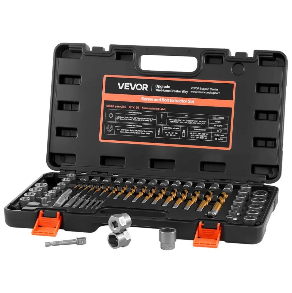 VEVOR Screw Extractor Set with Drill Bits, 65 Pieces, Easy Out Nut Bolt Extractors and Drill Bits, with Adapters, Solid Storage Case, Cr-Mo Steel for Removing Rounded, Broken, or Stripped Fasteners
