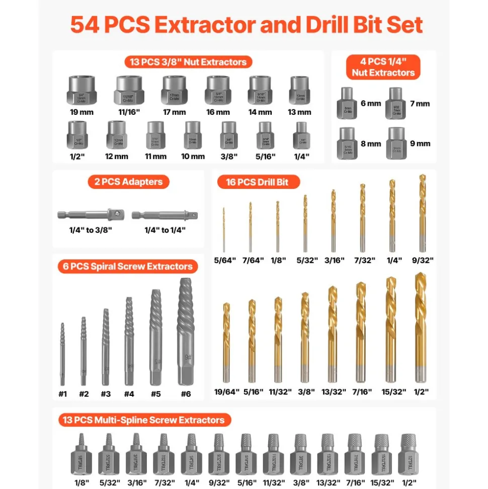 VEVOR Screw Extractor Set with Drill Bits, 54 Pieces, Easy Out Nut Bolt Extractors and Drill Bits, with Adapters, Solid Storage Case, Cr-Mo Steel for Removing Rounded, Broken, or Stripped Fasteners