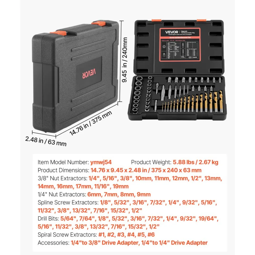 VEVOR Screw Extractor Set with Drill Bits, 54 Pieces, Easy Out Nut Bolt Extractors and Drill Bits, with Adapters, Solid Storage Case, Cr-Mo Steel for Removing Rounded, Broken, or Stripped Fasteners