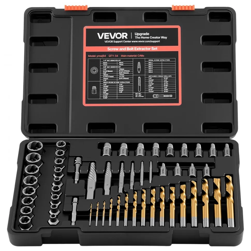 VEVOR Screw Extractor Set with Drill Bits, 54 Pieces, Easy Out Nut Bolt Extractors and Drill Bits, with Adapters, Solid Storage Case, Cr-Mo Steel for Removing Rounded, Broken, or Stripped Fasteners