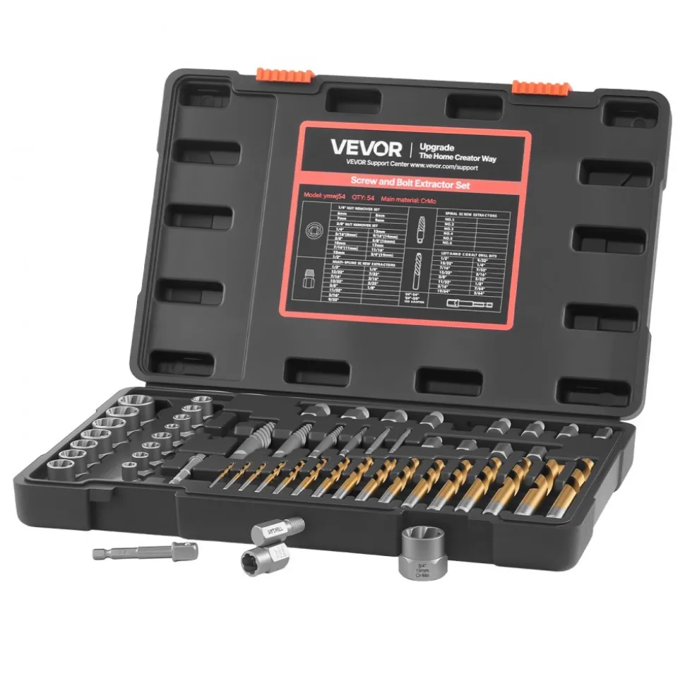 VEVOR Screw Extractor Set with Drill Bits, 54 Pieces, Easy Out Nut Bolt Extractors and Drill Bits, with Adapters, Solid Storage Case, Cr-Mo Steel for Removing Rounded, Broken, or Stripped Fasteners
