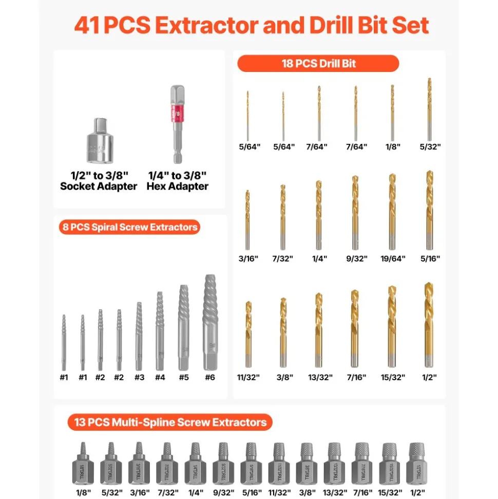 VEVOR Screw Extractor Set with Drill Bits, 41 Pieces, Easy Out Bolt Extractors and Drill Bits, with Adapters, Solid Storage Case, Cr-Mo Steel for Removing Rounded, Broken, or Stripped Bolts, Screws
