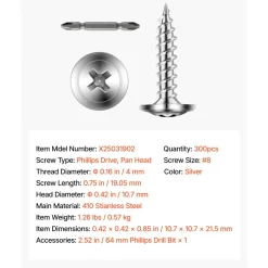 VEVOR Screws, #8 x 3/4 inch Length Self Drilling Drywall to Wood Screw, All Purpose High-Hardness Stainless Steel Wall Anchors with a Phillips Drill Bit, Cross Slot for Home Renovation(300 per Box)