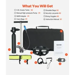 VEVOR Scuba Tank, 0.5L Portable Diving Tank with Pump, Diving Oxygen Cylinder Supports 5-10 Minutes Underwater Breathing, 98.43 ft Diving Depth, Refillable Snorkel Air Tank for Underwater Exploration