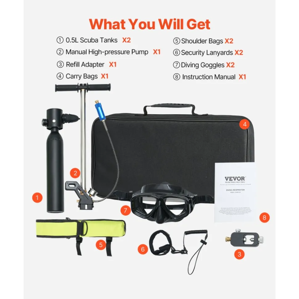 VEVOR Scuba Tank, 0.5L Portable Diving Tank with Pump, Diving Oxygen Cylinder Supports 5-10 Minutes Underwater Breathing, 98.43 ft Diving Depth, Refillable Snorkel Air Tank for Underwater Exploration