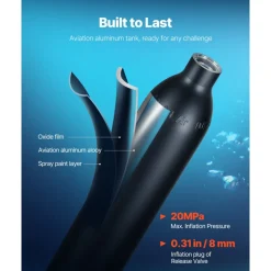 VEVOR Scuba Tank, 0.5L Portable Diving Tank, Diving Oxygen Cylinder Support 5-10 Minutes Underwater Breathing, 32.81 ft Diving Depth, Refillable Snorkel Air Tank with Pump for Underwater Exploration