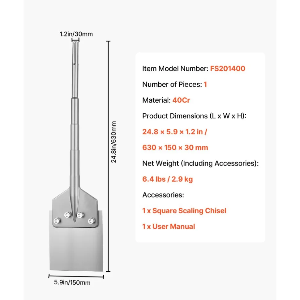 VEVOR SDS Max Floor Scraper, 24.8" x 5.9" Chisel Bit with SDS Max Shank, Compatible with Rotary Hammers, Heat Treated 40Cr Alloy Steel, Sharp Edge for Removing Laminate Flooring, Tiles, and Mortar