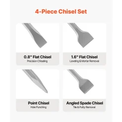 VEVOR SDS Plus Chisel Set, 4 pcs SDS Plus Rotary Hammer Drill Attachments, Includes Point, Flat, & Angled Spade Chisels, Heat Treated 40Cr Alloy Steel, Sharp Edge for Demolition, Concrete and Brick