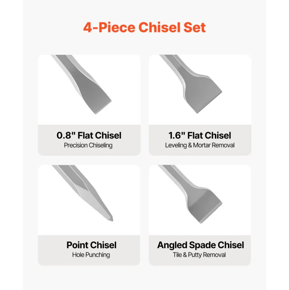 VEVOR SDS Plus Chisel Set, 4 pcs SDS Plus Rotary Hammer Drill Attachments, Includes Point, Flat, & Angled Spade Chisels, Heat Treated 40Cr Alloy Steel, Sharp Edge for Demolition, Concrete and Brick