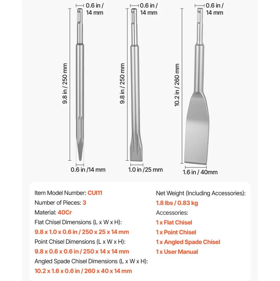 VEVOR SDS Plus Chisel Set, 3 pcs SDS Plus Rotary Hammer Drill Attachments, Includes Point, Flat, & Angled Spade Chisels, Heat Treated 40Cr Alloy Steel, Sharp Edge for Demolition, Concrete and Brick