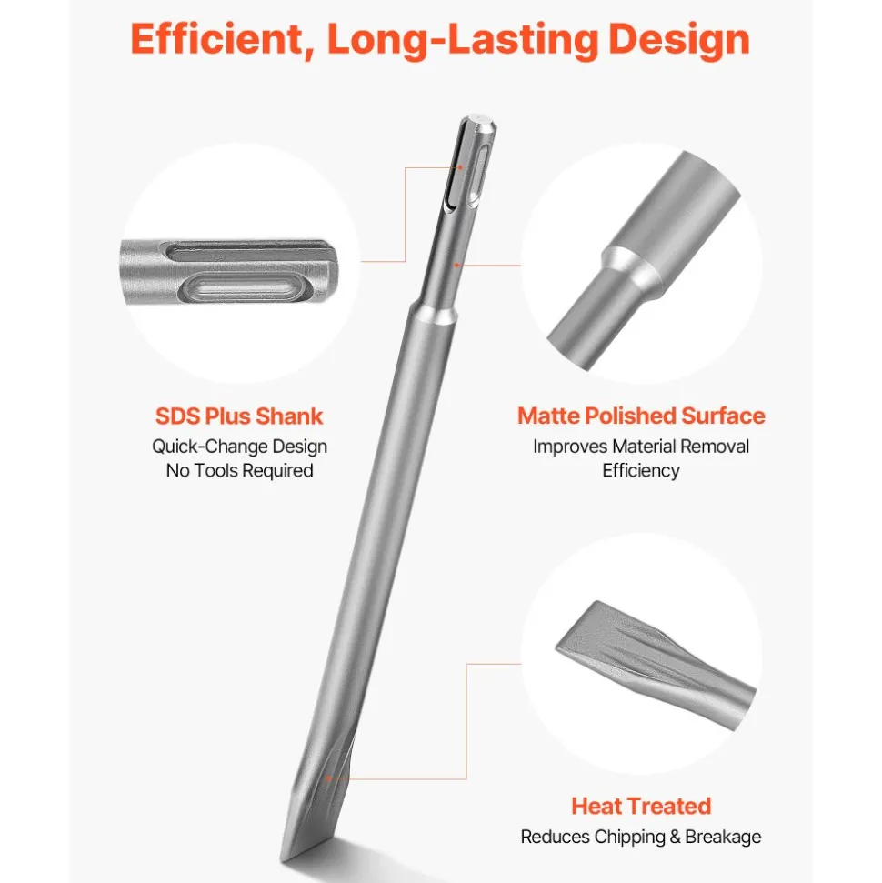 VEVOR SDS Plus Chisel Set, 3 pcs SDS Plus Rotary Hammer Drill Attachments, Includes Point, Flat, & Angled Spade Chisels, Heat Treated 40Cr Alloy Steel, Sharp Edge for Demolition, Concrete and Brick