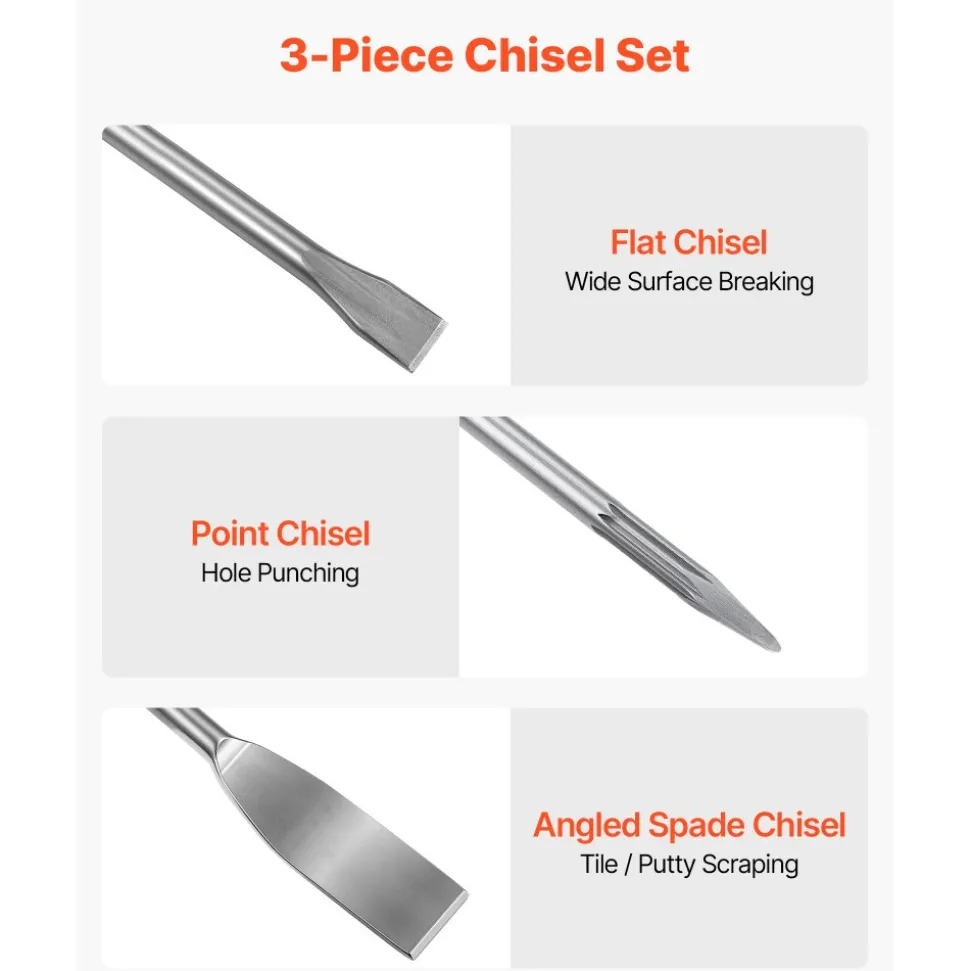 VEVOR SDS Plus Chisel Set, 3 pcs SDS Plus Rotary Hammer Drill Attachments, Includes Point, Flat, & Angled Spade Chisels, Heat Treated 40Cr Alloy Steel, Sharp Edge for Demolition, Concrete and Brick