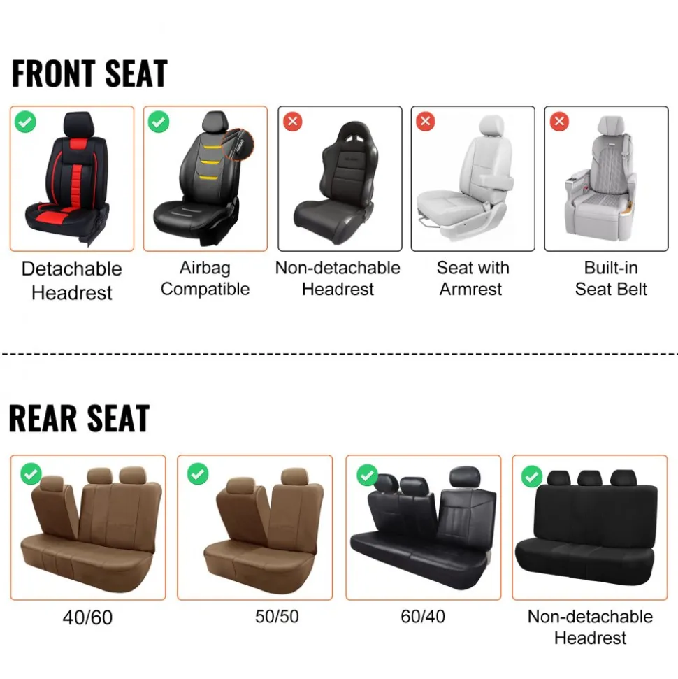 VEVOR Seat Covers, Universal Car Seat Covers Full Set Seats, Front and Rear Seat, 13pcs Faux Leather Seat Cover, Full Enclosed Design, Detachable Headrest and Airbag Compatible, for Most Car SUV Truck
