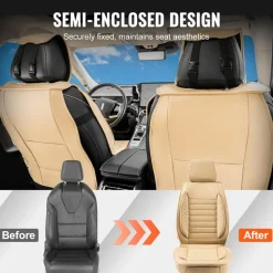 VEVOR Seat Covers, Universal Car Seat Covers Front Seats, 2pcs Faux Leather Seat Cover, Semi-enclosed Design, Detachable Headrest and Airbag Compatible, for Most Cars SUVs and Trucks Beige