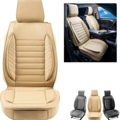 VEVOR Seat Covers, Universal Car Seat Covers Front Seats, 2pcs Faux Leather Seat Cover, Semi-enclosed Design, Detachable Headrest and Airbag Compatible, for Most Cars SUVs and Trucks Beige