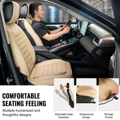 VEVOR Seat Covers, Universal Car Seat Covers Front Seats, 2pcs Faux Leather Seat Cover, Semi-enclosed Design, Detachable Headrest and Airbag Compatible, for Most Cars SUVs and Trucks Beige
