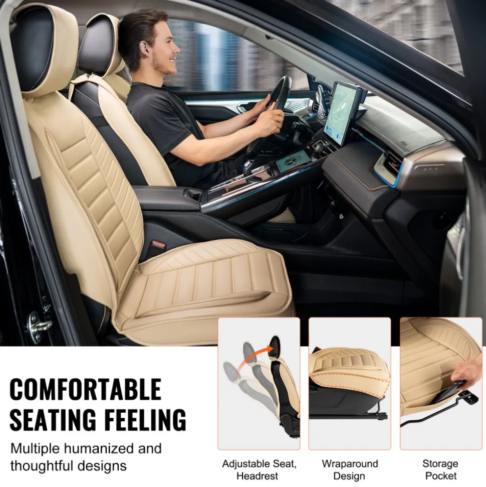 VEVOR Seat Covers, Universal Car Seat Covers Front Seats, 2pcs Faux Leather Seat Cover, Semi-enclosed Design, Detachable Headrest and Airbag Compatible, for Most Cars SUVs and Trucks Beige