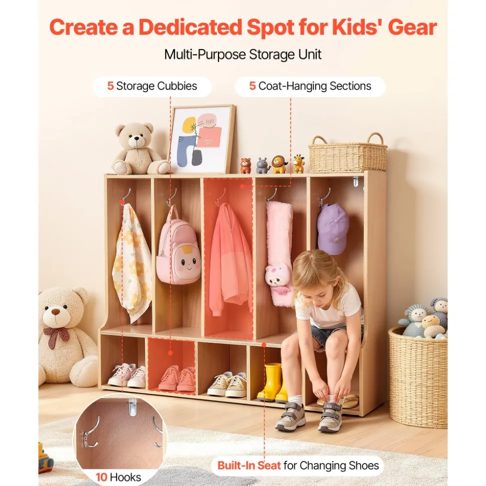 VEVOR 5-Section Kids Coat Locker, Wooden Toddler Cubby Storage Organizer with 10 Hooks & Non-Slip Mat, Modern Kid Coat Cubbies with 5 Small Open Storage Boxes for Home, Kindergarten, Daycare, Natural