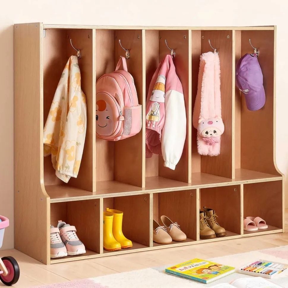 VEVOR 5-Section Kids Coat Locker, Wooden Toddler Cubby Storage Organizer with 10 Hooks & Non-Slip Mat, Modern Kid Coat Cubbies with 5 Small Open Storage Boxes for Home, Kindergarten, Daycare, Natural