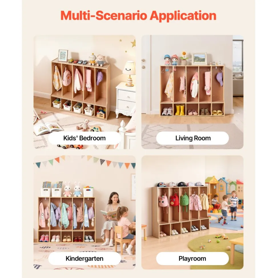VEVOR 5-Section Kids Coat Locker, Wooden Toddler Cubby Storage Organizer with 10 Hooks & Non-Slip Mat, Modern Kid Coat Cubbies with 5 Small Open Storage Boxes for Home, Kindergarten, Daycare, Natural