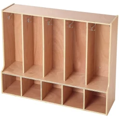 VEVOR 5-Section Kids Coat Locker, Wooden Toddler Cubby Storage Organizer with 10 Hooks & Non-Slip Mat, Modern Kid Coat Cubbies with 5 Small Open Storage Boxes for Home, Kindergarten, Daycare, Natural