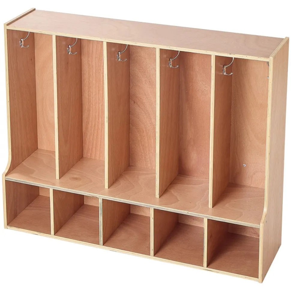 VEVOR 5-Section Kids Coat Locker, Wooden Toddler Cubby Storage Organizer with 10 Hooks & Non-Slip Mat, Modern Kid Coat Cubbies with 5 Small Open Storage Boxes for Home, Kindergarten, Daycare, Natural