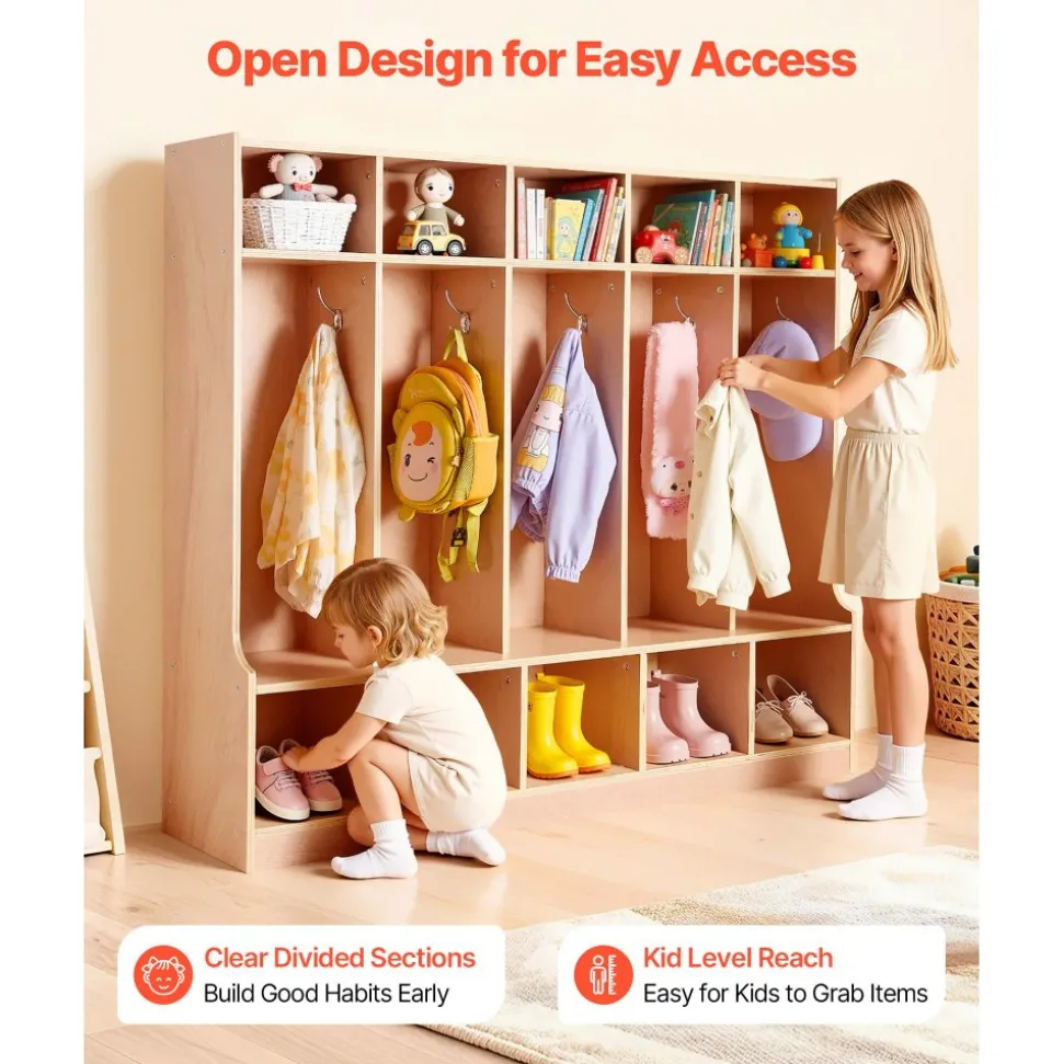 VEVOR 5-Section Kids Coat Locker, Wooden Toddler Cubby Storage Organizer with 10 Hooks & Non-Slip Mat, Modern Kid Coat Cubbies with 10 Small Open Storage Boxes for Home, Kindergarten, Daycare, Natural