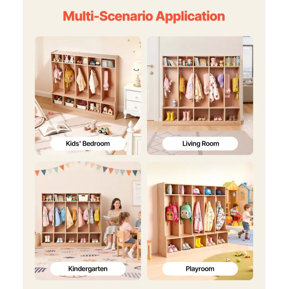 VEVOR 5-Section Kids Coat Locker, Wooden Toddler Cubby Storage Organizer with 10 Hooks & Non-Slip Mat, Modern Kid Coat Cubbies with 10 Small Open Storage Boxes for Home, Kindergarten, Daycare, Natural