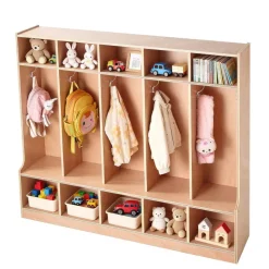 VEVOR 5-Section Kids Coat Locker, Wooden Toddler Cubby Storage Organizer with 10 Hooks & Non-Slip Mat, Modern Kid Coat Cubbies with 10 Small Open Storage Boxes for Home, Kindergarten, Daycare, Natural