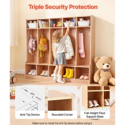 VEVOR 5-Section Kids Coat Locker, Wooden Toddler Cubby Storage Organizer with 10 Hooks & Non-Slip Mat, Modern Kid Coat Cubbies with 10 Small Open Storage Boxes for Home, Kindergarten, Daycare, Natural
