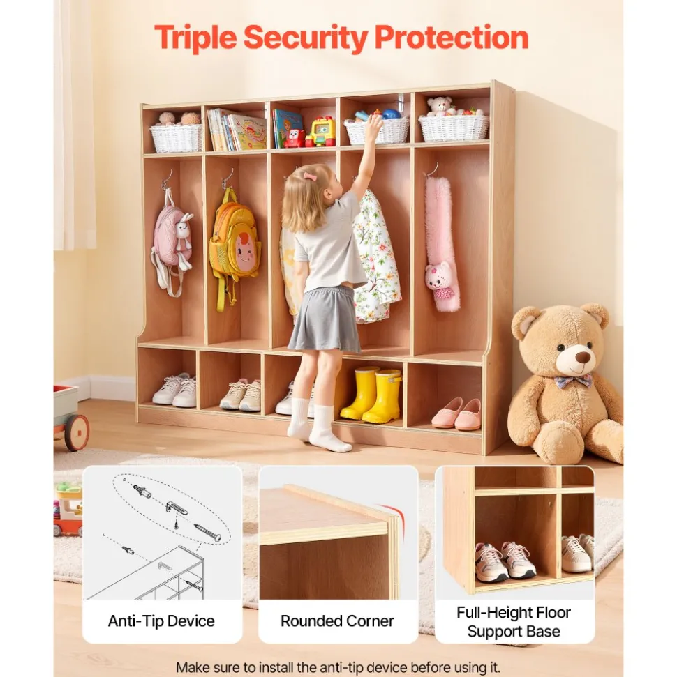 VEVOR 5-Section Kids Coat Locker, Wooden Toddler Cubby Storage Organizer with 10 Hooks & Non-Slip Mat, Modern Kid Coat Cubbies with 10 Small Open Storage Boxes for Home, Kindergarten, Daycare, Natural
