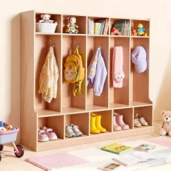 VEVOR 5-Section Kids Coat Locker, Wooden Toddler Cubby Storage Organizer with 10 Hooks & Non-Slip Mat, Modern Kid Coat Cubbies with 10 Small Open Storage Boxes for Home, Kindergarten, Daycare, Natural