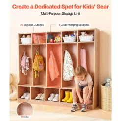 VEVOR 5-Section Kids Coat Locker, Wooden Toddler Cubby Storage Organizer with 10 Hooks & Non-Slip Mat, Modern Kid Coat Cubbies with 10 Small Open Storage Boxes for Home, Kindergarten, Daycare, Natural