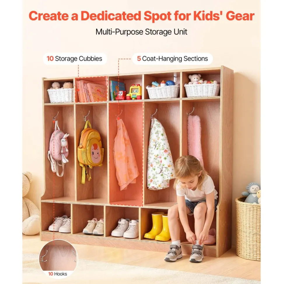VEVOR 5-Section Kids Coat Locker, Wooden Toddler Cubby Storage Organizer with 10 Hooks & Non-Slip Mat, Modern Kid Coat Cubbies with 10 Small Open Storage Boxes for Home, Kindergarten, Daycare, Natural