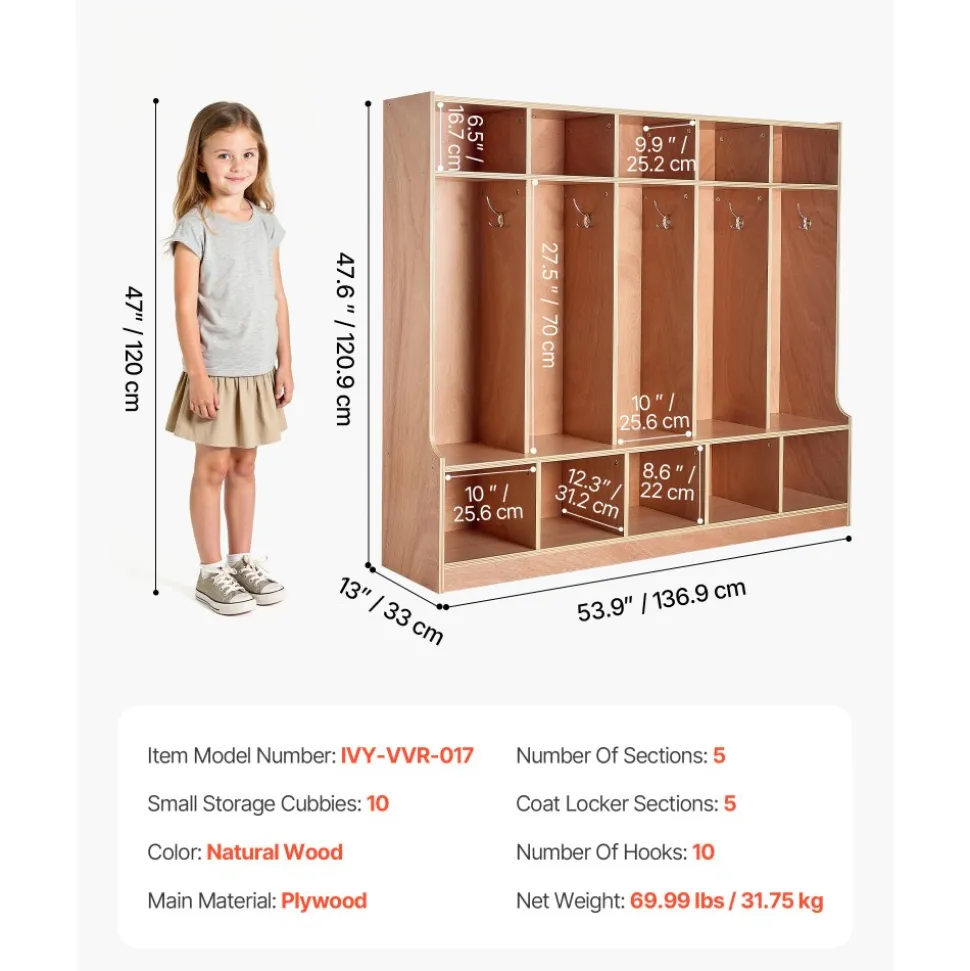 VEVOR 5-Section Kids Coat Locker, Wooden Toddler Cubby Storage Organizer with 10 Hooks & Non-Slip Mat, Modern Kid Coat Cubbies with 10 Small Open Storage Boxes for Home, Kindergarten, Daycare, Natural