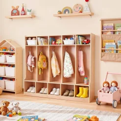 VEVOR 5-Section Kids Coat Locker, Wooden Toddler Cubby Storage Organizer with 10 Hooks & Non-Slip Mat, Modern Kid Coat Cubbies with 10 Small Open Storage Boxes for Home, Kindergarten, Daycare, Natural