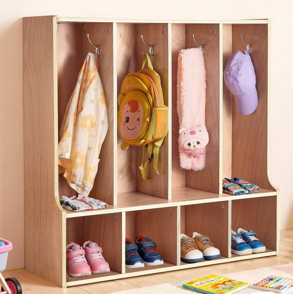 VEVOR 4-Section Kids Coat Locker, Wooden Toddler Cubby Storage Organizer with 8 Hooks & Non-Slip Mat, Modern Kid Coat Cubbies with 4 Small Open Storage Boxes for Home, Kindergarten, Daycare, Natural