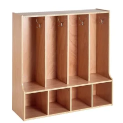 VEVOR 4-Section Kids Coat Locker, Wooden Toddler Cubby Storage Organizer with 8 Hooks & Non-Slip Mat, Modern Kid Coat Cubbies with 4 Small Open Storage Boxes for Home, Kindergarten, Daycare, Natural